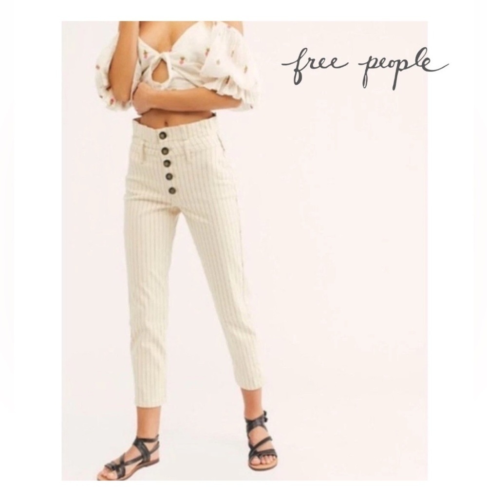 Free People Montella Cream & Brown Pinstripe High Rise Paperbag Jeans 12